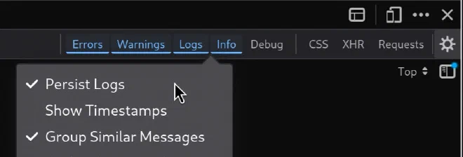 Firefox dev tools settings showing the Persist Logs checkbox enabled
